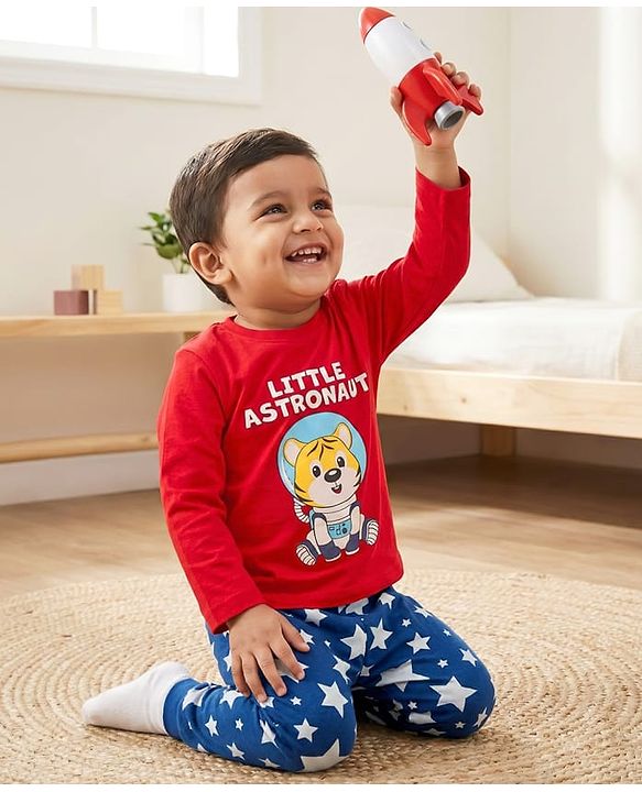Babyhug Cotton Knit Full Sleeves T-Shirt & Pyjama Night Suit With Tiger Astronaut Print - Red & Blue