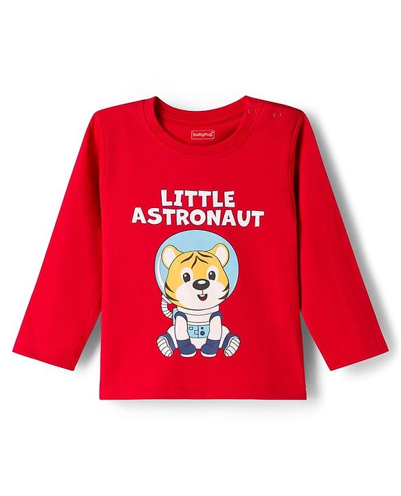 Babyhug Cotton Knit Full Sleeves T-Shirt & Pyjama Night Suit With Tiger Astronaut Print - Red & Blue