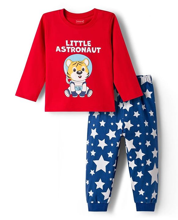 Babyhug Cotton Knit Full Sleeves T-Shirt & Pyjama Night Suit With Tiger Astronaut Print - Red & Blue