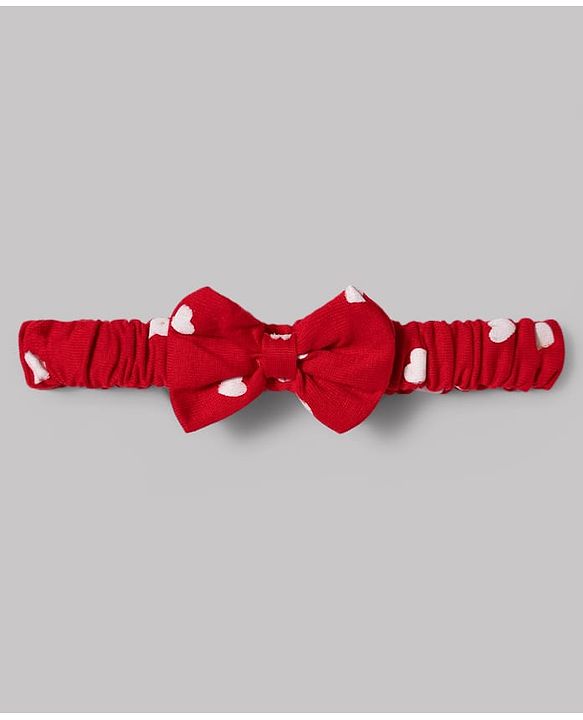 Babyhug 100% Cotton Knit Frill Sleeves Onesie with Headband Heart Print & Bow Applique - Red & White