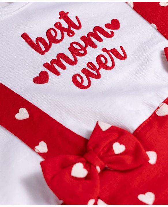Babyhug 100% Cotton Knit Frill Sleeves Onesie with Headband Heart Print & Bow Applique - Red & White