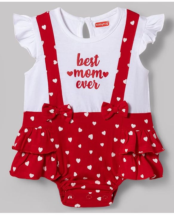 Babyhug 100% Cotton Knit Frill Sleeves Onesie with Headband Heart Print & Bow Applique - Red & White