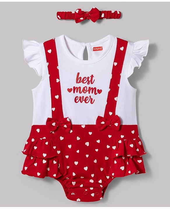 Babyhug 100% Cotton Knit Frill Sleeves Onesie with Headband Heart Print & Bow Applique - Red & White