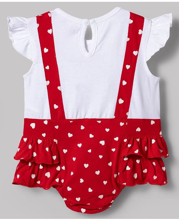Babyhug 100% Cotton Knit Frill Sleeves Onesie with Headband Heart Print & Bow Applique - Red & White