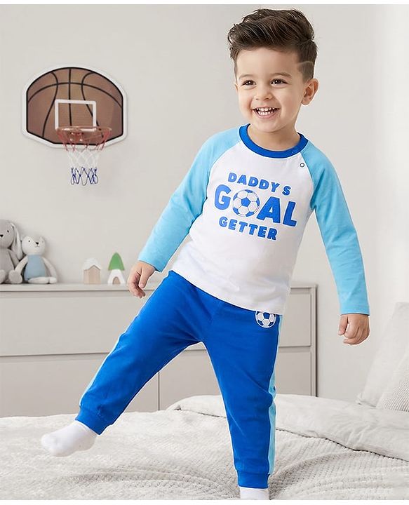 Babyhug Cotton Knit Raglan Full Sleeves Football Theme Printed T-Shirt & Pyjama Night Suit - White & Blue