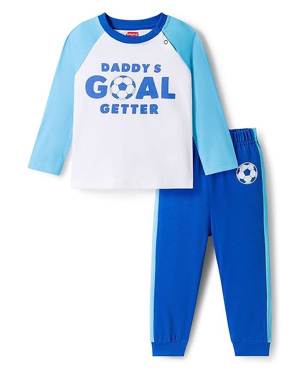 Babyhug Cotton Knit Raglan Full Sleeves Football Theme Printed T-Shirt & Pyjama Night Suit - White & Blue