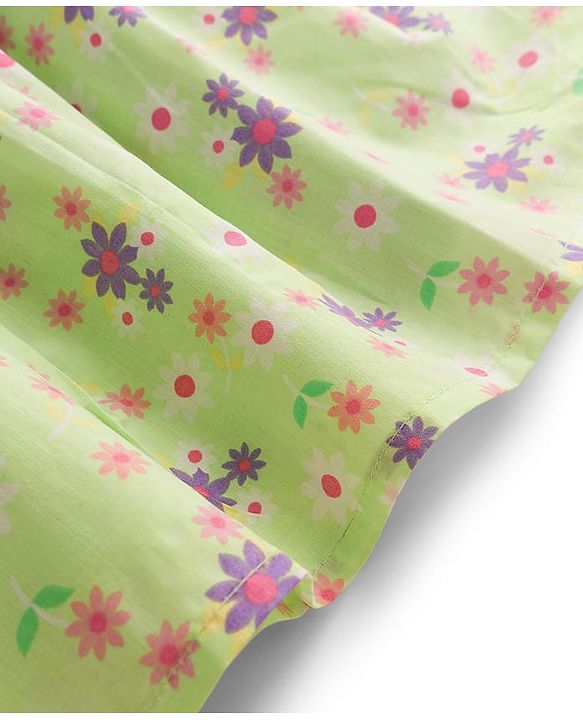 Babyhug Cotton Woven Full Sleeves Frock With Floral Print & Bow Applique - Light Green