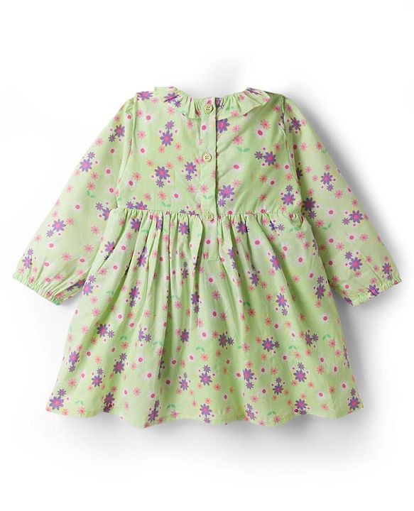 Babyhug Cotton Woven Full Sleeves Frock With Floral Print & Bow Applique - Light Green