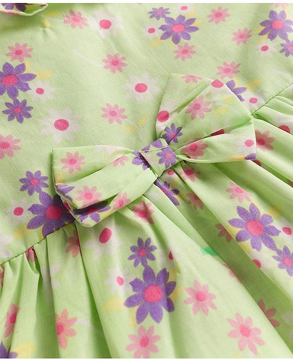Babyhug Cotton Woven Full Sleeves Frock With Floral Print & Bow Applique - Light Green