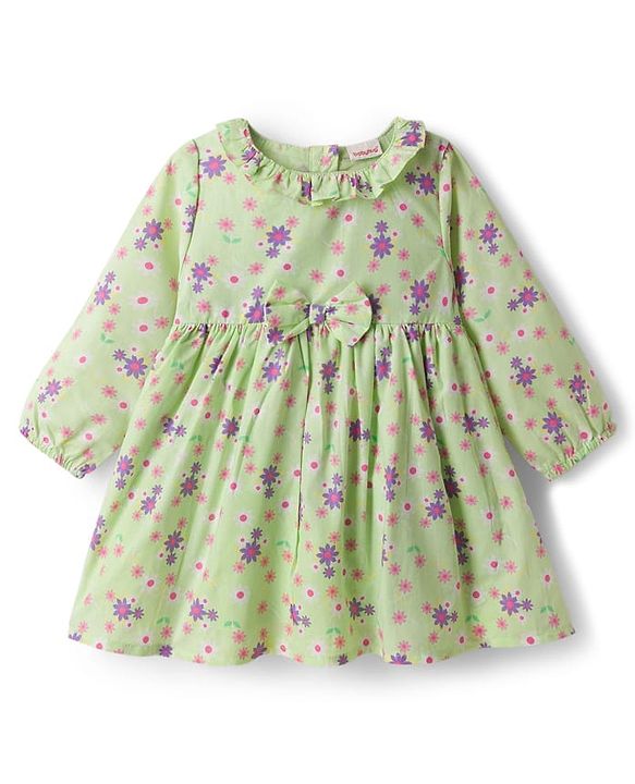 Babyhug Cotton Woven Full Sleeves Frock With Floral Print & Bow Applique - Light Green
