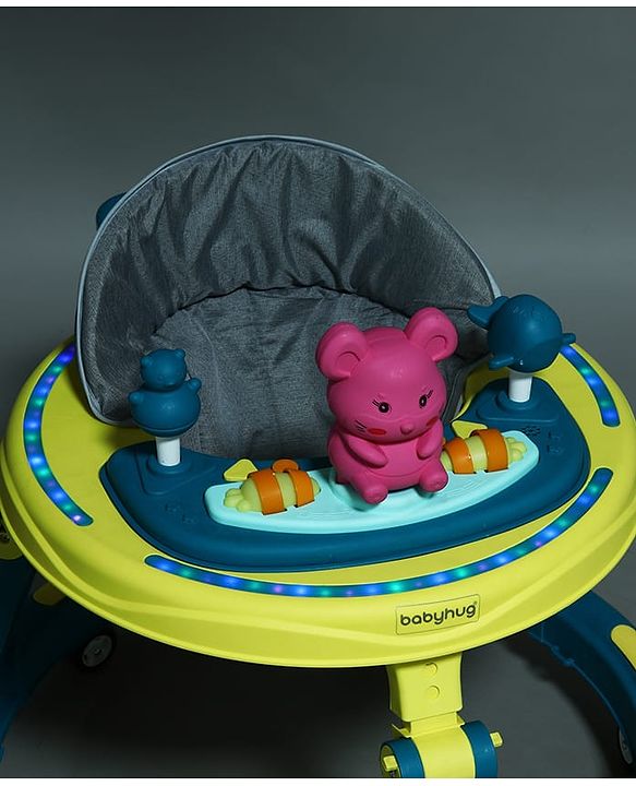 Babyhug 360° Joy Baby Walker with Convertible Feeding & Musical Toy Tray - Pink| Adjustable Height| Compact Fold| Activity cum Push Walker| Smooth Swivel Wheels| Padded Cushion Seat