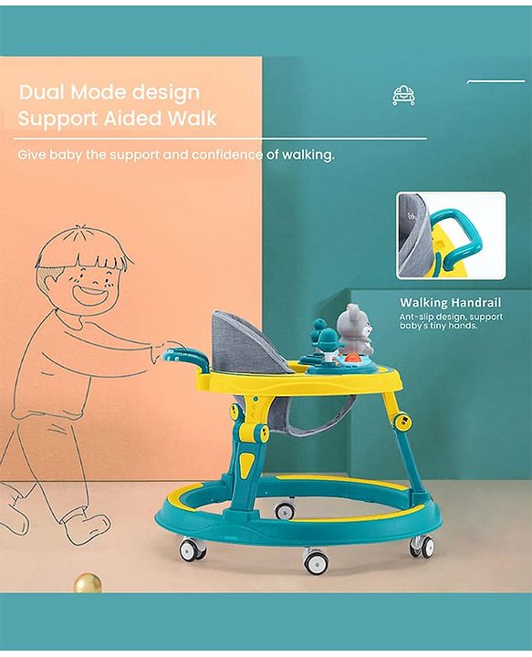 Babyhug 360° Joy Baby Walker with Convertible Feeding & Musical Toy Tray - Pink| Adjustable Height| Compact Fold| Activity cum Push Walker| Smooth Swivel Wheels| Padded Cushion Seat