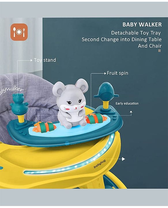 Babyhug 360° Joy Baby Walker with Convertible Feeding & Musical Toy Tray - Pink| Adjustable Height| Compact Fold| Activity cum Push Walker| Smooth Swivel Wheels| Padded Cushion Seat