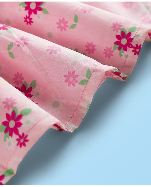 Babyhug Cotton Woven Full Sleeves Frock With Floral Print & Bow Applique - Light Pink
