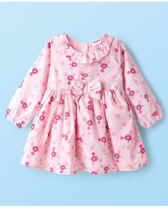 Babyhug Cotton Woven Full Sleeves Frock With Floral Print & Bow Applique - Light Pink