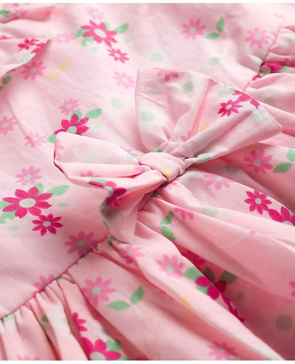 Babyhug Cotton Woven Full Sleeves Frock With Floral Print & Bow Applique - Light Pink