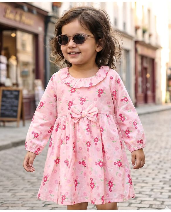 Babyhug Cotton Woven Full Sleeves Frock With Floral Print & Bow Applique - Light Pink