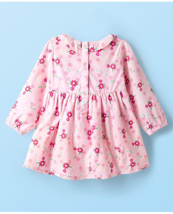 Babyhug Cotton Woven Full Sleeves Frock With Floral Print & Bow Applique - Light Pink