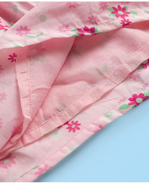 Babyhug Cotton Woven Full Sleeves Frock With Floral Print & Bow Applique - Light Pink