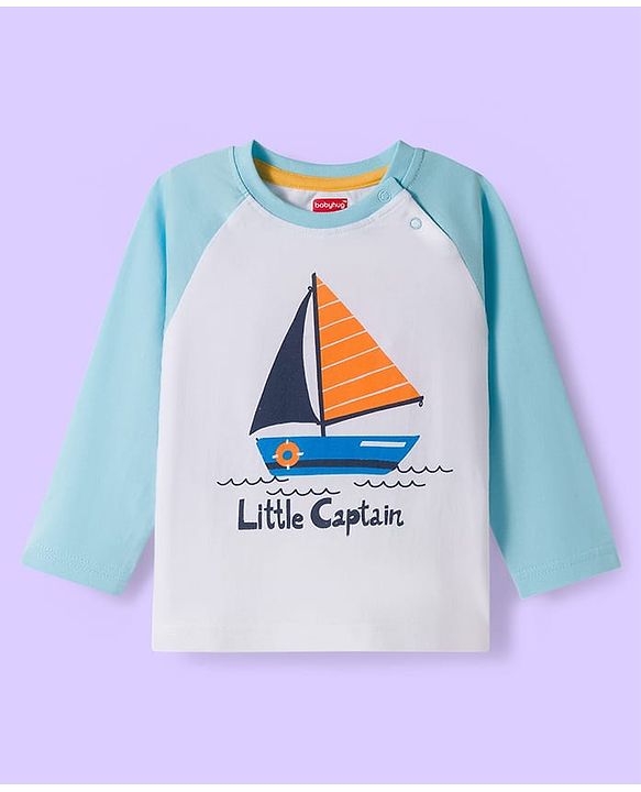 Babyhug Cotton Knit Raglan Full Sleeves Nautical Theme Printed T-Shirt & Pyjama Night Suit - White & Light Blue