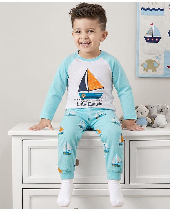 Babyhug Cotton Knit Raglan Full Sleeves Nautical Theme Printed T-Shirt & Pyjama Night Suit - White & Light Blue
