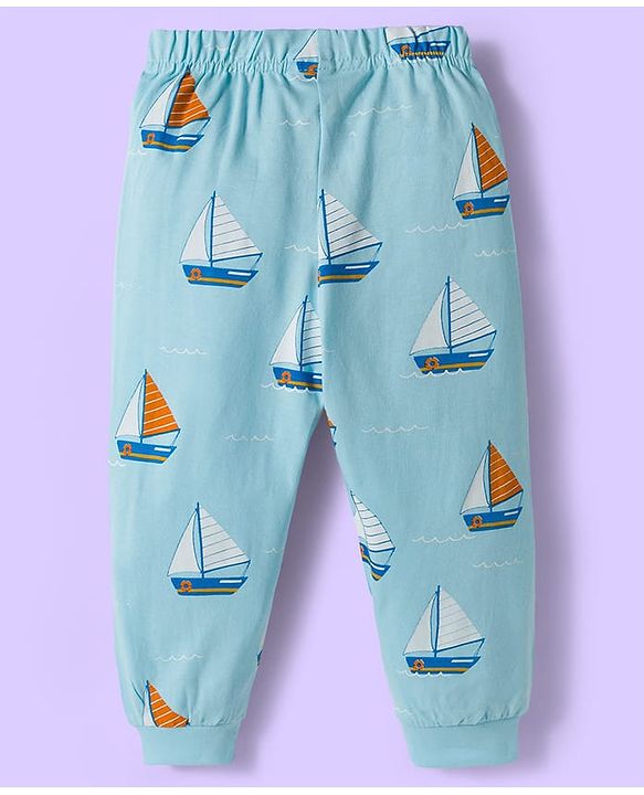 Babyhug Cotton Knit Raglan Full Sleeves Nautical Theme Printed T-Shirt & Pyjama Night Suit - White & Light Blue