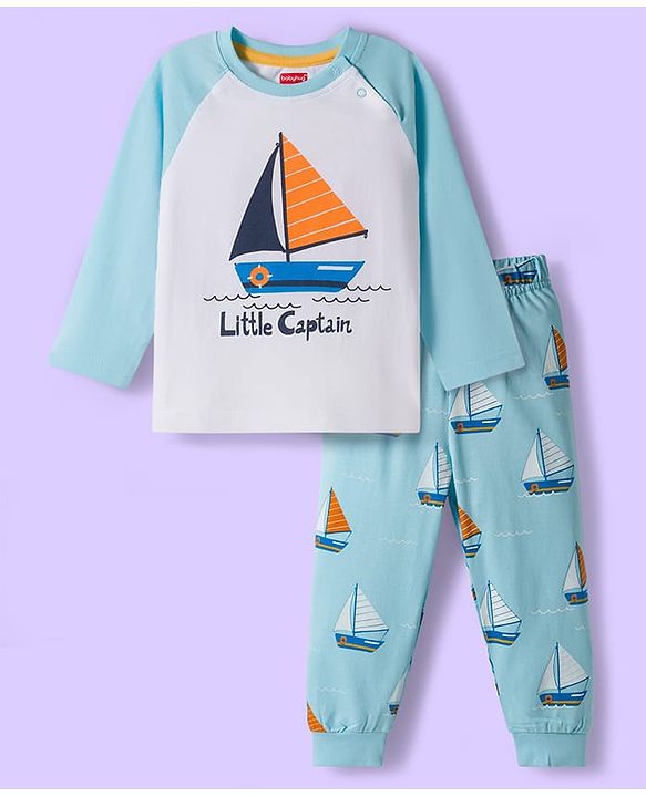 Babyhug Cotton Knit Raglan Full Sleeves Nautical Theme Printed T-Shirt & Pyjama Night Suit - White & Light Blue