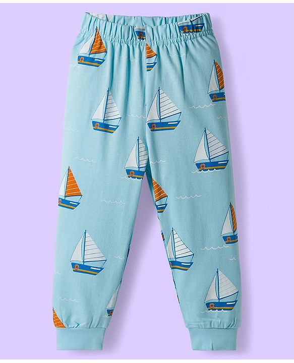 Babyhug Cotton Knit Raglan Full Sleeves Nautical Theme Printed T-Shirt & Pyjama Night Suit - White & Light Blue