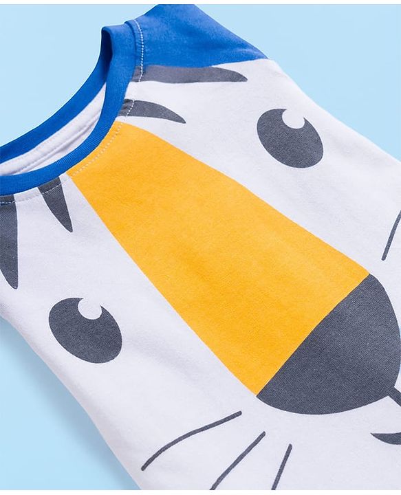 Babyhug Cotton Knit Raglan Full  Sleeves Animal Printed T-Shirt & Striped Pyjama Night Suit - White & Blue