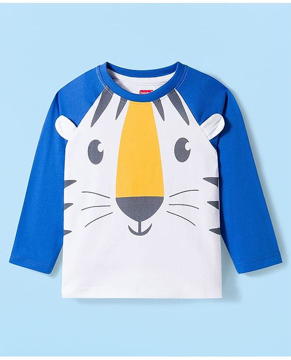 Babyhug Cotton Knit Raglan Full  Sleeves Animal Printed T-Shirt & Striped Pyjama Night Suit - White & Blue