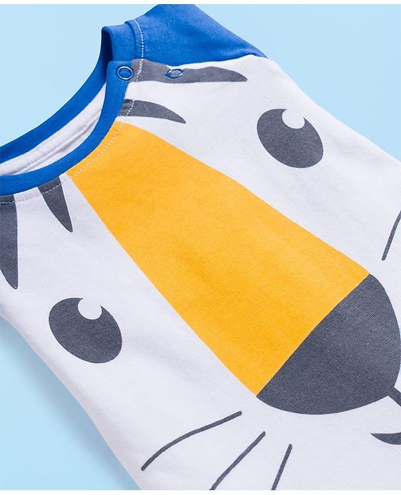 Babyhug Cotton Knit Raglan Full  Sleeves Animal Printed T-Shirt & Striped Pyjama Night Suit - White & Blue