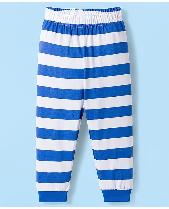 Babyhug Cotton Knit Raglan Full  Sleeves Animal Printed T-Shirt & Striped Pyjama Night Suit - White & Blue