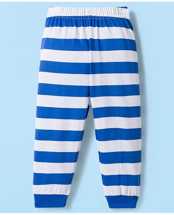 Babyhug Cotton Knit Raglan Full  Sleeves Animal Printed T-Shirt & Striped Pyjama Night Suit - White & Blue