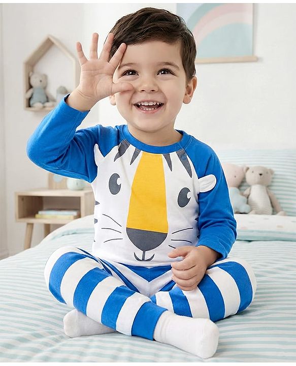 Babyhug Cotton Knit Raglan Full  Sleeves Animal Printed T-Shirt & Striped Pyjama Night Suit - White & Blue