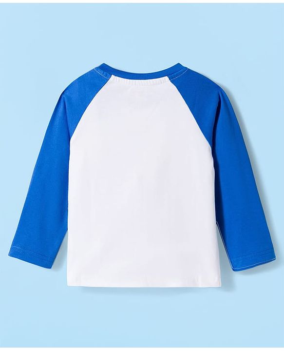 Babyhug Cotton Knit Raglan Full  Sleeves Animal Printed T-Shirt & Striped Pyjama Night Suit - White & Blue