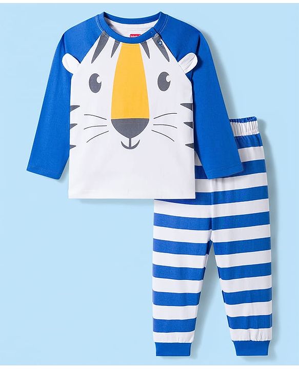 Babyhug Cotton Knit Raglan Full  Sleeves Animal Printed T-Shirt & Striped Pyjama Night Suit - White & Blue