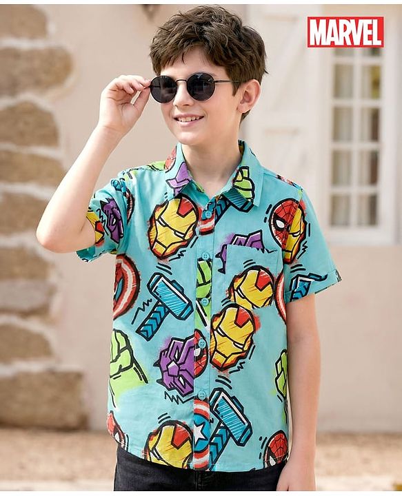 Pine Kids Marvel 100% Cotton Woven Half Sleeves Shirt With Avengers Graphics - Multicolour