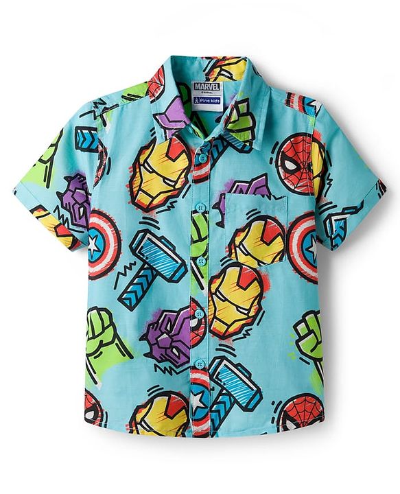 Pine Kids Marvel 100% Cotton Woven Half Sleeves Shirt With Avengers Graphics - Multicolour