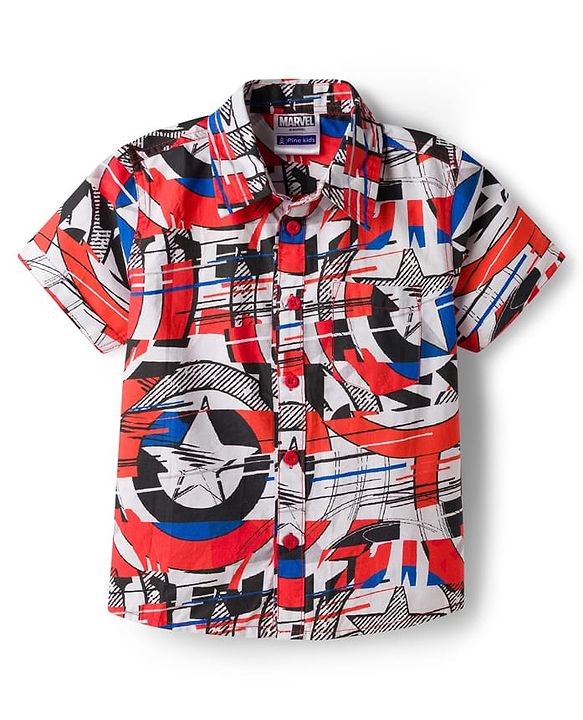 Pine Kids Marvel 100% Cotton Woven Half Sleeves Shirt With Avengers Graphics - Multicolour