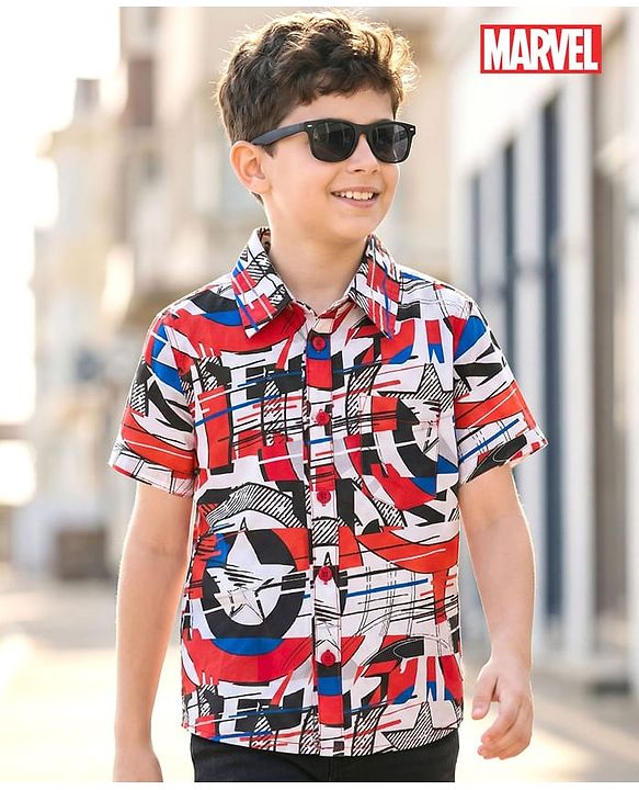Pine Kids Marvel 100% Cotton Woven Half Sleeves Shirt With Avengers Graphics - Multicolour