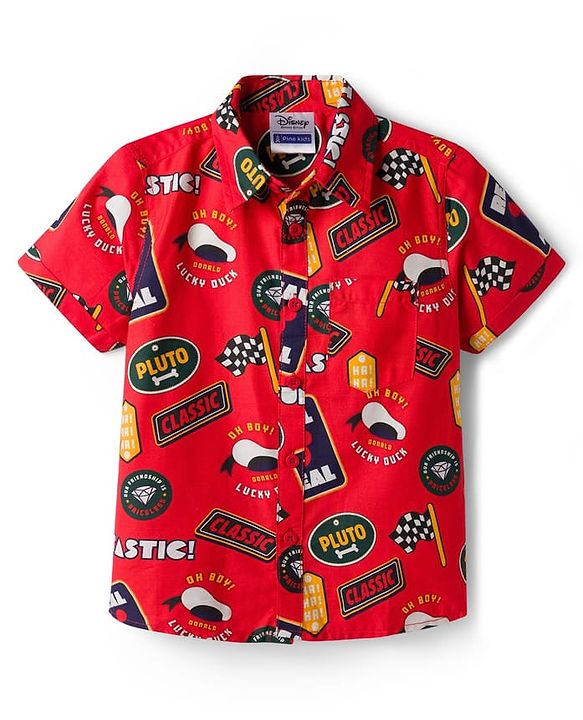 Pine Kids Disney 100% Cotton Woven Half Sleeves Shirt With Mickey Mouse Graphics - Multicolour