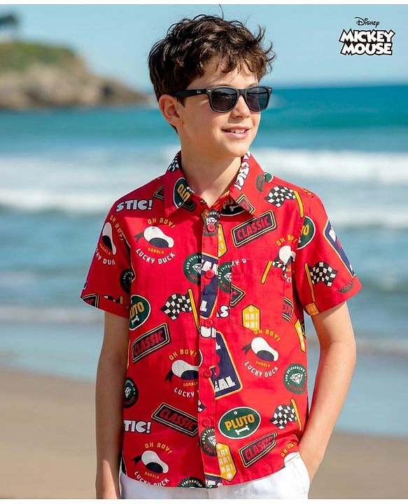Pine Kids Disney 100% Cotton Woven Half Sleeves Shirt With Mickey Mouse Graphics - Multicolour