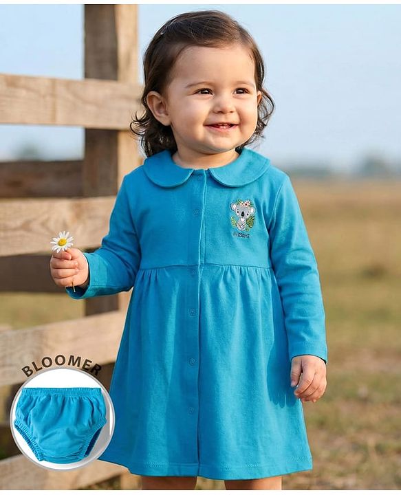 Babyhug Interlock Knit Full Sleeves Frock With Koala Print & Bloomer - Blue