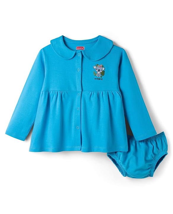 Babyhug Interlock Knit Full Sleeves Frock With Koala Print & Bloomer - Blue