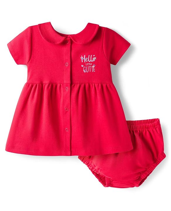 Babyhug 100% Cotton Knit Half Sleeves Floral & Text Printed Frock With Bloomer - Red