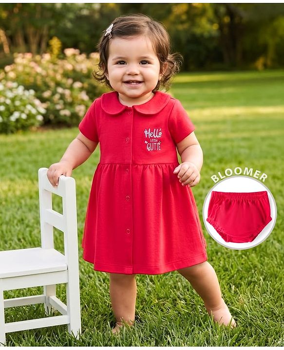 Babyhug 100% Cotton Knit Half Sleeves Floral & Text Printed Frock With Bloomer - Red