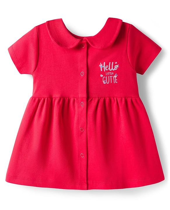 Babyhug 100% Cotton Knit Half Sleeves Floral & Text Printed Frock With Bloomer - Red