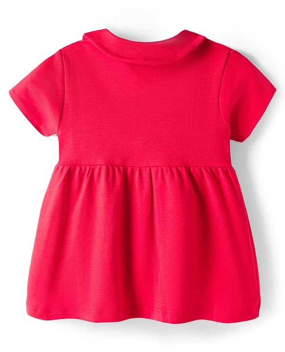 Babyhug 100% Cotton Knit Half Sleeves Floral & Text Printed Frock With Bloomer - Red