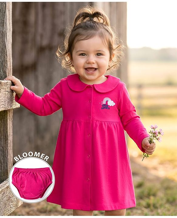 Babyhug Interlock Knit Full Sleeves Frock with Bloomer & Rainbow Print - Pink