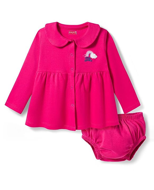 Babyhug Interlock Knit Full Sleeves Frock with Bloomer & Rainbow Print - Pink